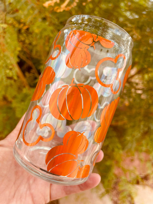 Pumpkin Mickey Cup, Fall iced coffee glass, fall beer can glass, mickey pumpkin cup, pumpkin iced coffee, pumpkin beer, Mickey Halloween cup
