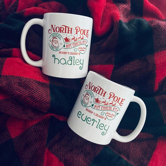 North Pole Hot Chocolate Mug, kids hot cocoa mug, personalized kids Christmas mug, hot cocoa kids mugs, mug for kids personalized