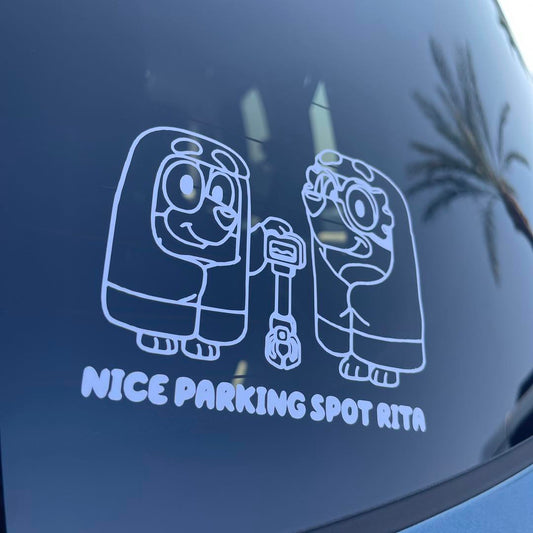 Blue grannies car sticker, nice parking spot rita