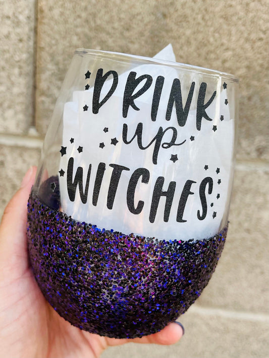 Copy of Drink up Witches wine glass, Halloween glitter wine glass, Halloween wine, Halloween drink glass, personalized wine glass, glitter wine cup