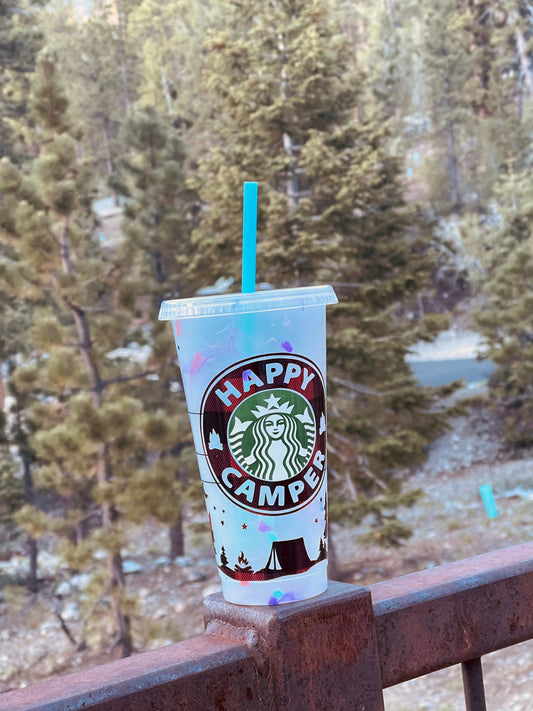 Happy Camper Cup, Camping cold cup, buffalo plaid coffee cup, camping cup personalized, mama bear starbucks cup, reusable starbucks cold cup