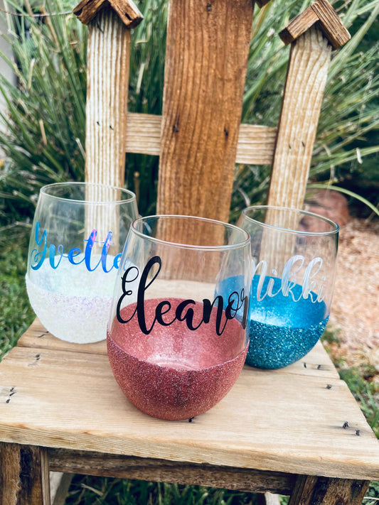 Glitter Wine Glass, personalized glitter wine glass, name wine glass, glitter glasses, wine glass with personalization, stemless wine glass