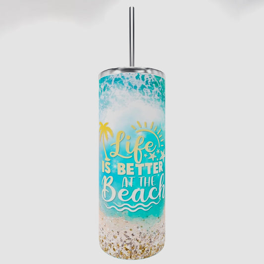 Life is better at the beach tumbler, beach skinny tumbler, 20 oz skinny tumbler, beach life tumbler, beach gifts for women,