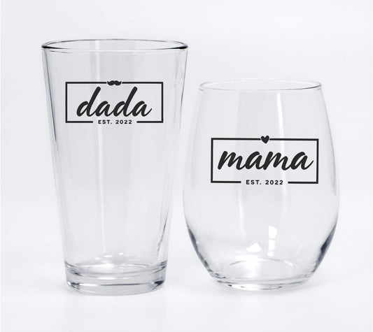Mama and Dada Est 2022 beer wine set, new parents gift set, mama wine glass, fathers day gift, new mom and dad, Christmas gift for mom