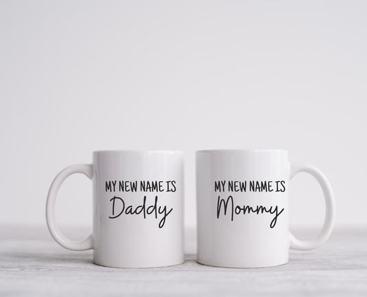 My new name is mommy coffee, mom to be gift, new mom gift birthday, new parent gift set, new mom and dad cups, Christmas gift for mom