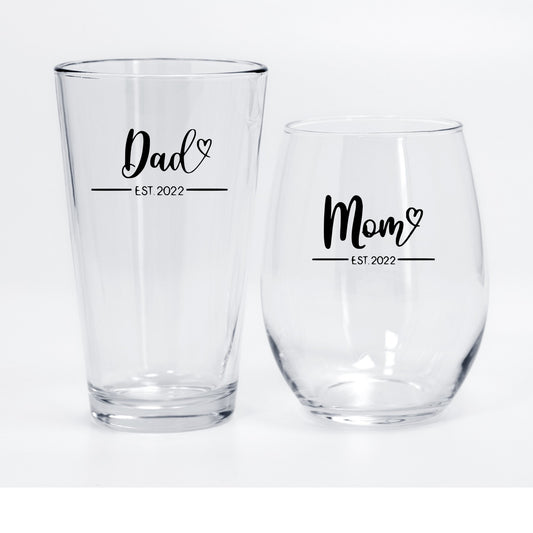 Mom and Dad Est beer wine set, new parents gift set,  mothers day gift mug, new mom and dad, mommy wine glass,