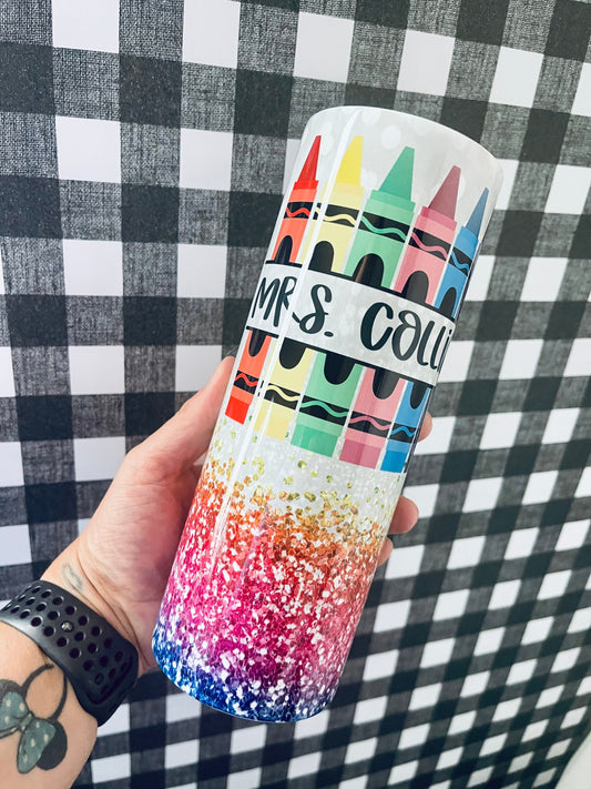 Crayon tumbler, teacher tumbler personalized, skinny tumbler with lid and straw, back to school teacher gift, teacher appreciation gift,